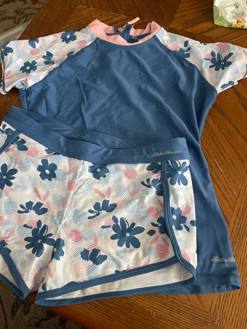 Eddie Bauer Girls Blue and Pink Floral Rash Guard Set
